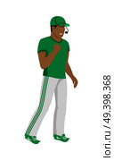 Cartoon soccer referee in green and white uniform and green hat. Speaking into lip-ribbon microphone. Main referee. Judging the competition. Flat referee football logo. Vector. Cartoon Icon of Referee in Green and White Uniform. Стоковая иллюстрация, агентство Ingram Publishing / Фотобанк Лори
