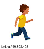 Faceless little boy in yellow T-shirt, jeans and sneakers runs away fast isolated vector illustration on white background.. Faceless Young Boy Runs Isolated Illustration. Стоковая иллюстрация, агентство Ingram Publishing / Фотобанк Лори