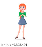 Woman crying full length with tear on cheek isolated on white. Frustrated redhead girl avatar userpic in flat style design. Vector illustration of upset human emotion in green blouse and blue skirt. Woman Crying Full Length with Tear on Cheek. Стоковая иллюстрация, агентство Ingram Publishing / Фотобанк Лори