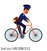 Postman cartoon character in blue uniform delivering letter flat vector illustration isolated on white background. Mailman with mailbag riding on bicycle. Mustached postal courier with mail icon. Стоковая иллюстрация, агентство Ingram Publishing / Фотобанк Лори