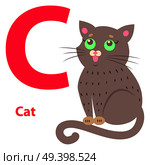Alphabet vector illustration with cute cartoon cat with green eyes and big red letter C isolated on white background. Visualisation for children of ABC to make memorizing faster and funnier.. Alphabet Illustration for Letter C with Cute Cat. Стоковая иллюстрация, агентство Ingram Publishing / Фотобанк Лори