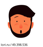 Surprised young man rosy face icon. Bearded, brown-haired male with confused facial expression flat vector isolated on white background. Hipster cartoon emotive portrait for user avatar illustration. Surprised Young Man Rosy Face Flat Vector Icon. Стоковая иллюстрация, агентство Ingram Publishing / Фотобанк Лори