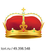 Golden monarchical crown decorated with colorful stones on white background. Royal diadem with yellow cross at top vector illustration.. Golden Monarchical Crown with Stones on White. Стоковая иллюстрация, агентство Ingram Publishing / Фотобанк Лори