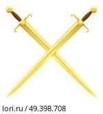 Two crossed swords of gold on white background. Severe cold weapon with straight blade at ethnic times vector illustration.. Two Crossed Swords of Gold on White Background. Стоковая иллюстрация, агентство Ingram Publishing / Фотобанк Лори