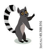 Lemur cartoon character. Lemur with big striped tail flat vector isolated on white. Madagascar fauna. Cute lemur icon. Wild animal illustration for zoo ad, nature concept, children book illustrating. Стоковая иллюстрация, агентство Ingram Publishing / Фотобанк Лори