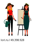 Painter with two brushes and gardener in hat holds fork and water can. Woman in dress with paints standing nearby vector illustration. Set of Two Women. Gardener and Painter Flat Design. Стоковая иллюстрация, агентство Ingram Publishing / Фотобанк Лори