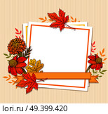 Autumn vector vintage background with orange maple leaves, flowers and white sheet of paper. Floral frame for seasonal fall sale. . Стоковая иллюстрация, агентство Ingram Publishing / Фотобанк Лори