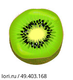 Fresh kiwi fruit half isolated on white. Vector illustration of kiwi part colorful element with brown skin, green color inside with little black seeds and light center. Succulent isolated fresh kiwi. Fresh Kiwi Fruit Half Isolated Colourful Element. Стоковая иллюстрация, агентство Ingram Publishing / Фотобанк Лори