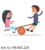 Little girl in jeans and boy in shorts ride wooden seesaw isolated vector illustration on white background. Children have good time outdoors.. Girl and Boy Ride Seesaw Isolated Illustration. Стоковая иллюстрация, агентство Ingram Publishing / Фотобанк Лори