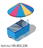 Street cart store with freezer isometric icon. Trolley with fridge under colorful umbrella isolated vector. Movable shop on wheels illustration for mobile eatery, fast food cafe, ice-cream shop ad. Стоковая иллюстрация, агентство Ingram Publishing / Фотобанк Лори