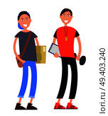 Courier in cap, with bag and box and coach in sportsuit with whistle, notepad and barbell isolated on white background vector illustration.. Cartoon Courier with Box and Coach with Barbell. Стоковая иллюстрация, агентство Ingram Publishing / Фотобанк Лори