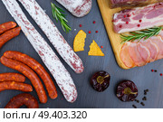 spanish tapas with pancetta, salami, chorizo, jamon, picnic table top view. Picnic table with spanish sausage tapas. Стоковое фото, агентство Ingram Publishing / Фотобанк Лори
