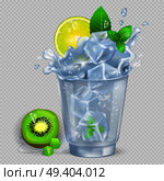Faceted glass of mojito with lot of ice, fresh lime, green spearmint and kiwi isolated vector illustration on transparent background.. Faceted Glass of Mojito with Ice Illustration. Стоковая иллюстрация, агентство Ingram Publishing / Фотобанк Лори