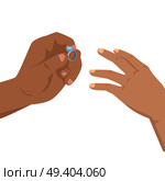 Man putting on woman’s hand diamond ring with blue shiny stone. Vector illustration of wedding or betrothal isolated on white.. Man Putting on Woman’s Hand Blue Diamond Ring. Стоковая иллюстрация, агентство Ingram Publishing / Фотобанк Лори