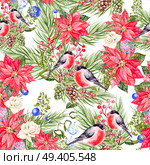 Beautiful watercolor Christmas pattern with bullfinch birds, pine cones and Christmas tree. Illustration. Beautiful watercolor Christmas pattern with bullfinch birds, pine cones and Christmas tree. Стоковое фото, агентство Ingram Publishing / Фотобанк Лори