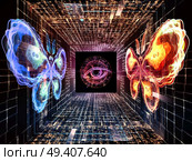 God Save Numbers and Butterflies series. Backdrop of Symbol of an eye , butterflies and mathematical formulas on the subject of thinking, religion and metaphysics. Стоковое фото, агентство Ingram Publishing / Фотобанк Лори