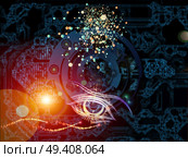 Behind Reality series. Creative arrangement of gears, fractal forms, lights and numbers as a concept metaphor on subject of reality, philosophy, metaphysics and modern technology. Стоковое фото, агентство Ingram Publishing / Фотобанк Лори