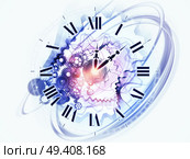 Gears, clock elements, dials and dynamic swirly lines arrangement suitable as a backdrop in projects on scheduling, temporal and time related processes, deadlines, progress, past, present and future. Стоковое фото, агентство Ingram Publishing / Фотобанк Лори
