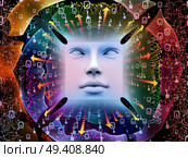 Artificial Intelligence series. Design composed of 3D illustration of human face and computer elements as a metaphor on the subject of super human AI, computer consciousness  and technology. Стоковое фото, агентство Ingram Publishing / Фотобанк Лори
