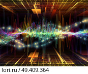 Wave Function series. Backdrop composed of colored sine vibrations, light and fractal elements and suitable for use in the projects on sound equalizer, music spectrum and  quantum probability. Стоковое фото, агентство Ingram Publishing / Фотобанк Лори