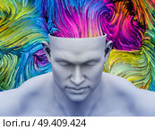 Color Thinking. 3D illustration of human head with color motion trails for subjects on art, psychology, creativity, imagination and dreams. Стоковое фото, агентство Ingram Publishing / Фотобанк Лори