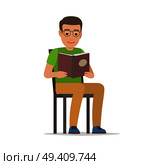 Young man reading textbook. Brown-haired male student seating on chair with book in hands flat vector isolated on white background. Enthusiastic reader illustration for educational and hobby concepts. Стоковая иллюстрация, агентство Ingram Publishing / Фотобанк Лори