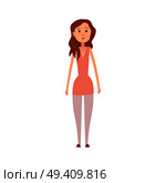 Pretty girl with long wavy hair in peach tunic, pink leggins and brown shoes isolated cartoon vector illustration on white background.. Pretty Girl in Pink Clothes Isolated Illustration. Стоковая иллюстрация, агентство Ingram Publishing / Фотобанк Лори