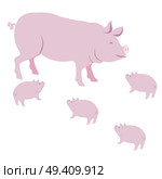 Pink pig with small piggies vector illustration isolated on white background. Domestic farm animals in cartoon style flat design piggy or swine mammal. Pink Pig and Piggies Vector Isolated on White. Стоковая иллюстрация, агентство Ingram Publishing / Фотобанк Лори