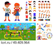 Little children and summer playground constructors with full landscape and separate parts of colorful swings and childrens parts vector illustrations.. Little Children and Summer Playground Constructors. Стоковая иллюстрация, агентство Ingram Publishing / Фотобанк Лори