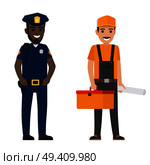 Policeman and builder vector illustration. Police officer with black walkie-talkie on shoulder. Erector with suitcase and project.. Set of Black Policeman and Whiskered Builder Flat. Стоковая иллюстрация, агентство Ingram Publishing / Фотобанк Лори