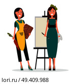 Artist in beret with easel and brushes and chief-cooker in apron with big carrot and wooden cutting board vector illustrations on white background.. Artist and Chief-Cooker Stands with Work Equipment. Стоковая иллюстрация, агентство Ingram Publishing / Фотобанк Лори