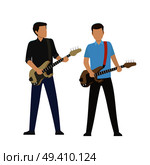 Musicians play on electric and bass guitar isolated vector illustration on white background. Music performance on modern instruments.. Male Characters Play on Electric and Bass Guitars. Стоковая иллюстрация, агентство Ingram Publishing / Фотобанк Лори
