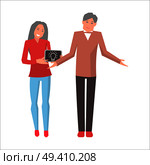 Man and woman standing with unsuccessful idea isolated on white. Male spreads his hands, smiling woman holding painted lamp on black ground on tablet. Vector illustration flat design cartoon style. Man and Woman Standing with Unsuccessful Idea. Стоковая иллюстрация, агентство Ingram Publishing / Фотобанк Лори