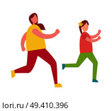 Mother chasing her young daughter isolated vector illustration on white background. Loving parent and teenage kid playing tag and having fun together. Mother Chasing her Young Daughter Illustration. Стоковая иллюстрация, агентство Ingram Publishing / Фотобанк Лори