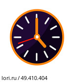 Wall clock with big and small arrows on purple clockface vector illustration isolated on white background. Mechanical watch icon in flat style design. Wall Clock with Big and Small Arrows on Clockface. Стоковая иллюстрация, агентство Ingram Publishing / Фотобанк Лори