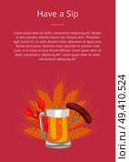 Have a sip poster with glass of beer, grilled sausage on folk and cooked red crayfish on background of ears of wheat vector for Oktoberfest festival. Have Sip Poster with Glass Beer, Grilled Sausage. Стоковая иллюстрация, агентство Ingram Publishing / Фотобанк Лори