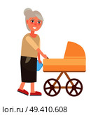 Grandmother walking with newborn toddler in carriage pram isolated on white. Vector illustration of two generations grandma and infant. Grandmother Walking with Newborn Toddler Isolated. Стоковая иллюстрация, агентство Ingram Publishing / Фотобанк Лори