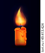 Burning candle in realistic design vector illustration isolated on blue background. Ignitable wick embedded in wax used to provide heat. Burning Candle in Realistic Design Vector Icon. Стоковая иллюстрация, агентство Ingram Publishing / Фотобанк Лори
