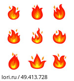 Burning fire set of icons with hot orange flames isolated on white background. Vector illustration with nine shapes of orange glowing fires. Burning Fire Set of Icons Vector Illustration. Стоковая иллюстрация, агентство Ingram Publishing / Фотобанк Лори