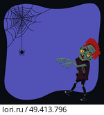 Poster with male monster and creeping spider on purple background. Vector illustration with scary zombie for Halloween congratulation. Poster with Male Monster Vector Illustration. Стоковая иллюстрация, агентство Ingram Publishing / Фотобанк Лори