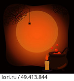 Halloween background with spider webs, old cast-iron vat of potion full of bubbles, lighted candle and moon silhouette vector illustration.. Halloween Background with Spider Webs and Vat. Стоковая иллюстрация, агентство Ingram Publishing / Фотобанк Лори