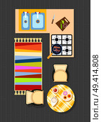 Kitchen planning representing carpet on grey floor, cooker and counters, sinks and cutting board, table and chairs on vector illustration. Kitchen Planning on Vector Illustration Grey. Стоковая иллюстрация, агентство Ingram Publishing / Фотобанк Лори