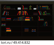 Bookcase with books as background. Education-themed background cartoon library room. University or School library vector illustration. Colourful textbooks on shelves, Big knowledge storage.. Cartoon Bookcase Background. Library Illustration. Стоковая иллюстрация, агентство Ingram Publishing / Фотобанк Лори