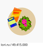 Top view on white round coffee table with journals and green blooming flower on it. Vector illustration of furniture isolated on white background. Small Coffee Table Icon Vector Illustration. Стоковая иллюстрация, агентство Ingram Publishing / Фотобанк Лори