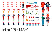 Schoolgirl constructor of girl with books, laptop and kick scooter isolated on white. Vector illustration of body parts and clothes from different angles. Schoolgirl Constructor of Girl with Books, Laptop. Стоковая иллюстрация, агентство Ingram Publishing / Фотобанк Лори