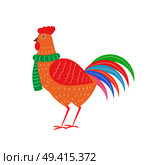 Closeup of rooster with feathers of different colors and green scarf, image of cock on vector illustration isolated on white background. Closeup of Rooster with Scarf Vector Illustration. Стоковая иллюстрация, агентство Ingram Publishing / Фотобанк Лори