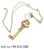 antique golden skeleton key with chain isolated on white background. Стоковое фото, агентство Ingram Publishing / Фотобанк Лори