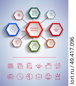 Business process infographic representing a unity of activities, icons of handshake, papers and pencils, money and briefcase vector illustration. Business Process Infograph Vector Illustration. Стоковая иллюстрация, агентство Ingram Publishing / Фотобанк Лори