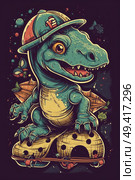 A t-shirt featuring a dinosaur riding a skateboard, showcasing a playful and unique design. Стоковое AI-изображение, AI-художник Данила Большаков / Фотобанк Лори