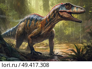 A large dinosaur is standing in the center of a dense forest, surrounded by trees and undergrowth. Стоковое AI-изображение, AI-художник Данила Большаков / Фотобанк Лори